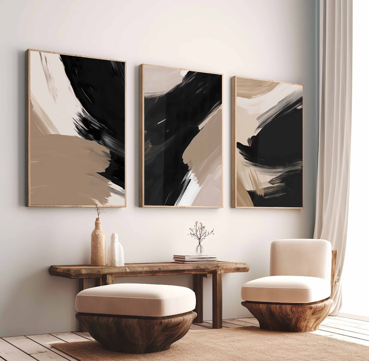 Black & Beige set of Three  - Printed on Canvas